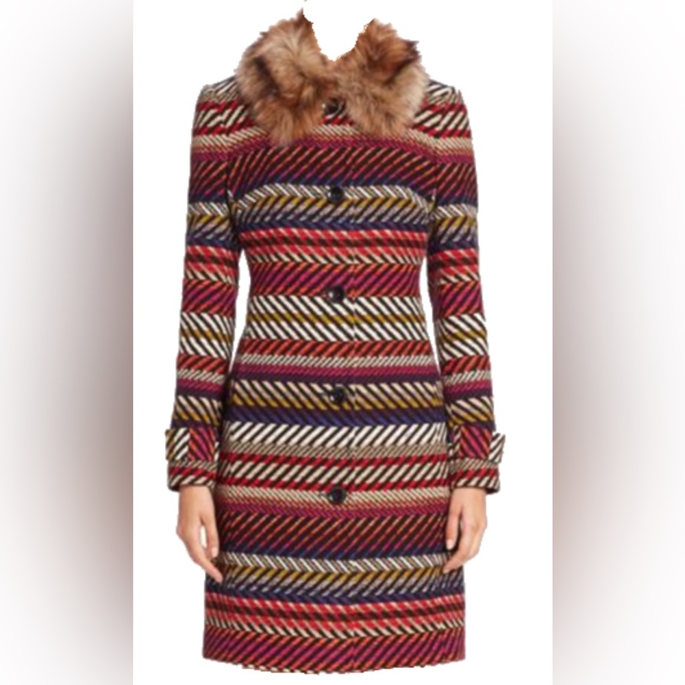Trina Turk NWOT Kendell Striped Jacket Faux Fur Collar Size 6